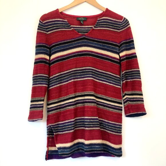 RALPH LAUREN JEANS CO LRL Red Navy Striped Cotton Linen 3/4 Sleeve Fall Sweater - Picture 1 of 7